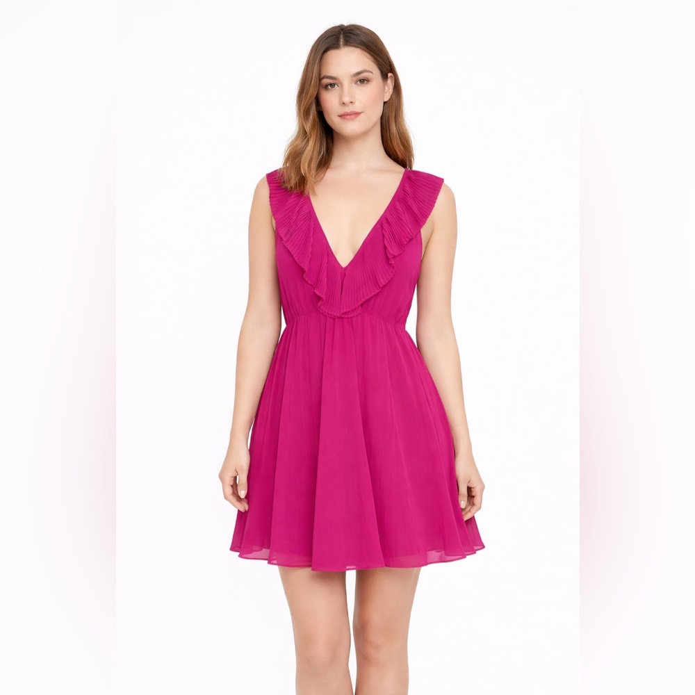Zara Pink Pleated Ruffle V-Neck Flowy Dress Size M